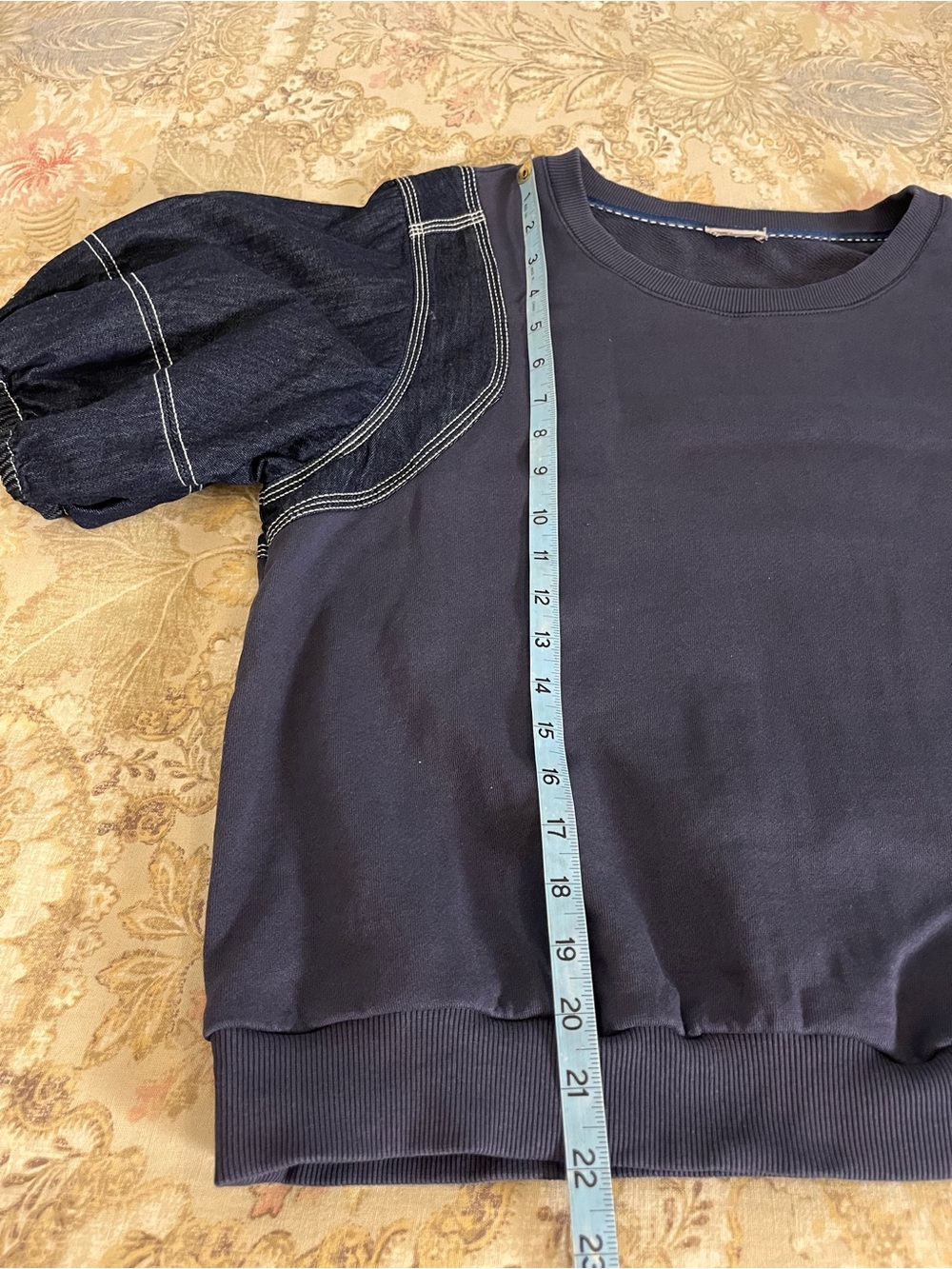 Anthropologie PILCRO Twofer Sweatshirt with Denim Puff Sleeves & White Stitching - Picture 9 of 9